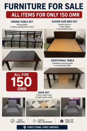Dining table & 4 chairs, Queen size cot & side table & lamp, 2 single & 3 seater sofa, wooden table