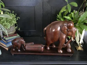 Large 26" Long Rosewood Carving of Two Elephants Carrying Log  14" Tall Wooden Working Elephants Ca