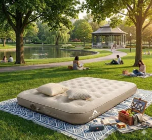 portable inflatable airbed features a built-in pump for quick and easy automatic inflation.
