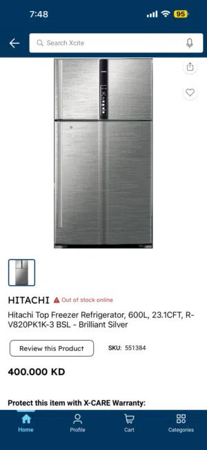 Hitachi Top freezer refrigerator 600l, 23.1 CFT