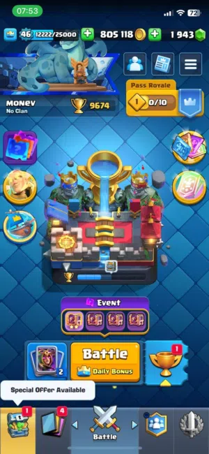 Arena: 24 King Level:43 Trophies:9674 Cards: 121/121 Unlocked  Gems:1943  Gold:801,506