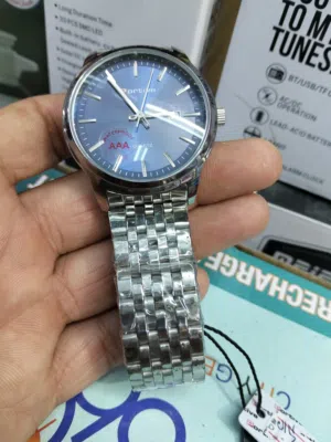 Men's Silver Quartz Watch Bahrain Stylish Blue Dial Wrist Watch for Men