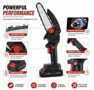 منشار كهربائي صغير لاسلكي (Mini Electric Chainsaw)، وهو أداة يدوية محمولة ومخصصة لقص الخشب وتقليم