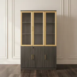 خزانة عرض ومكتبة تخزين فاخرة باللون الرمادي والذهبي - B801