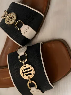 Title: Tommy Hilfiger Black & Brown Monogram Slide Sandals – Size 39 (Like New)