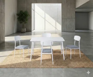 طقم طاولة طعام بيضاء مع 4 كراسي قماش رمادي D01136 RP