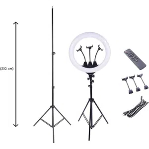 ستاند حامل موبايل  تصوير بث مباشر تيك تك و يوتيوب بشكل احترافي حلقة اضاءه ساطع قابل لتعديل الطول و ا