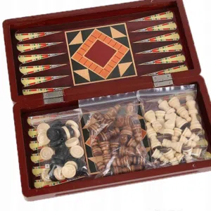 صندوق طاولة ارابيسك انتيك  مصدف  خشب لعبة شطرنج و زهر  للمحترفين  احجار الشطرنج من الخشب و الزهر من