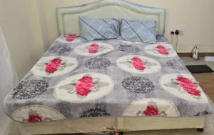 1.double bed with blanket pillows and bed sheet 2.refrigirator 3.washingmachine 4.cupboard