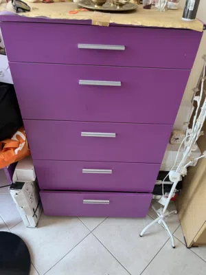 Purple color cupboard storage with 5 drawers