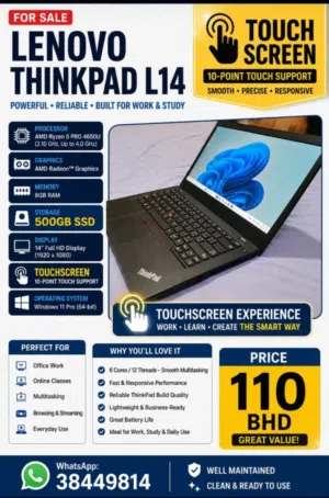 Lenovo ThinkPad L14 – Touchscreen for Sale Negotiable Ryzen 5 Pro 8GB RAM 500GB SSD 14”FHD 110BHD