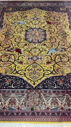سجادة ايراني ممضية (نظام شاة ايران ملائكة 4 العرش الملكي الفارسي شاهنامة حرير طبيعي 100 عقدة)