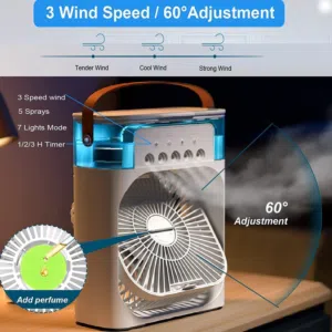 Buy1 Get1 Free   Mini Air Cooler Fan with Mist Spray & LED Lights – USB Rechargeable