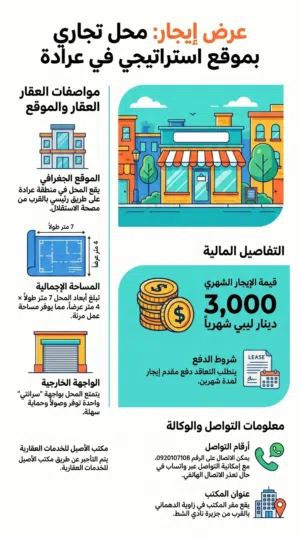 محل للإيجار رئيسي عرادة قرب مصحة الاستقلال