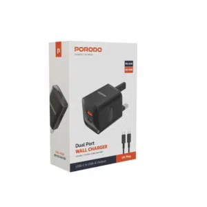 شاحن ثنائي المنفذ من Porodo مع كابل USB-C إلى C الشحن السريع بقوه 20 واط فقط