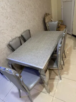طاولة طعام  سانلس ستيل6 كراسي ومرمر ثقيل
