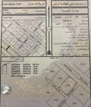 أرض سكنية مفتوحة من ثلاث جهات للبيع في بركاء ( الفليج الثانية )