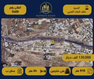 رقم الإعلان  (5409) قطعة أرض مميزة  للبيع في السرو / خلف البنك العربي