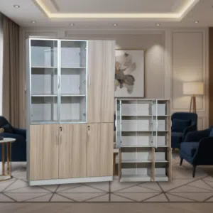 خزانة مكتبية خشبية فاخرة بلون الجوز مع أبواب زجاجية وأقفال أمان - 12FC03-3X