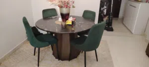Round Marble-Top Dining Table with 4 Green Velvet Chairs
