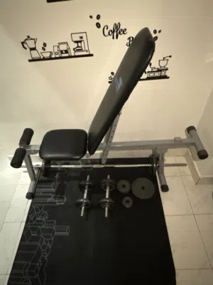 Adjustable gym bench+long bar with weight