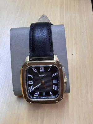 Fossil Golden Dial Square Leather Watch