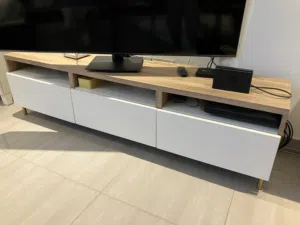 IKEA Low-profile modern TV console with three drawers — oak top, white fronts