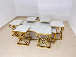 طقم طاولات فاخرة من الاستيل المقاوم للصدا بسطح رخامي ابيض.. شحن جميع أنحاء السلطنة..دفع عند الاستلام