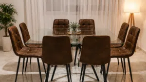 Modern dining table with 8 elegant leather chairs in excellent condition.