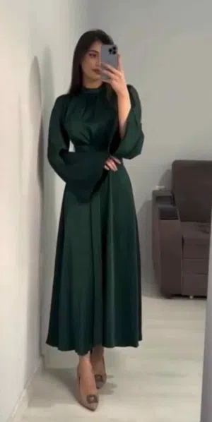 فستان زيتي طويل بخصر الجسم جميل ع اللبس m ،L