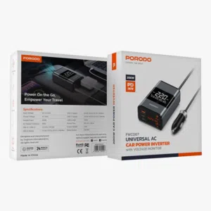 محول Porodo للسيارة – 200 واط + PD 36W + شاشة فولتية