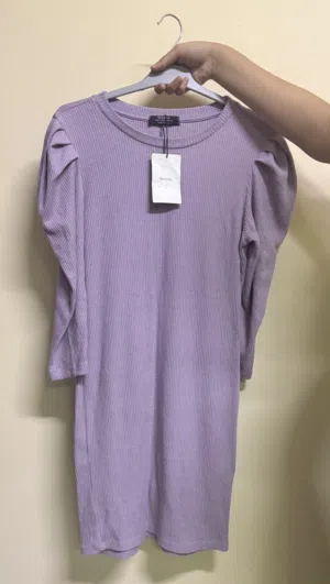 Lilac Ribbed Puff Sleeve Mini Dress