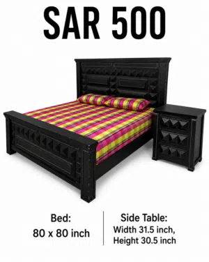 Furniture contains a bed with a side table, a wardrobe, a closet, a glass table, computer table