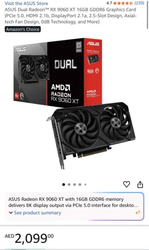 RX9060xt 16 gb  يديد غير مستخدم وكرتونته ما انفتحت و سعرها فالسوق 2099 طالب فيه 1950غير قابل للتفاوض