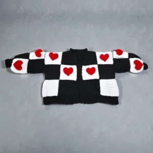 Handmade crochet cardigan checkered black and white with puffy red hearts one size fits most