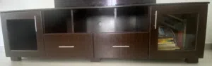 Dark wood TV cabinet with storage and glass doors - good condition ( TV not included for sale )