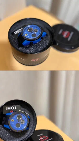 ساعة تومي (tomi watch) بلون الأزرق والأسود كما هو موضح في الصورة والفيديو والساعة مع البكس مالها.