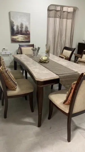 Dining table with 6 chairs - wooden frame, marble top inset