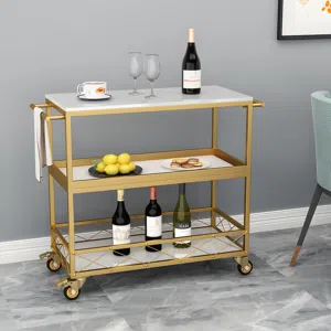 Gold Marble Top Bar Cart, 3-Tier Rolling Serving Trolley with Wine Storage for Home Dining Room