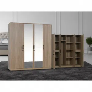 خزانة ملابس خشبية بأربعة أبواب مع مرايا ولون جوزي فاخر - WML 440 (C) WALNUT
