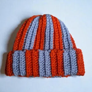 Handmade crochet striped ribbed beanie orange and light blue chunky adult size