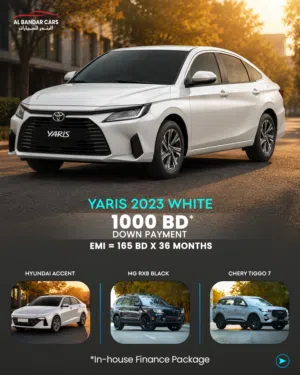 Toyota Yaris 2023 White Direct in-house finance BD 1000 down-payment EMI starting from 165BD Hurry!