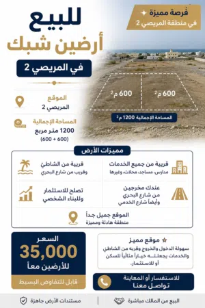 للبيع ارضين شبك في المريصي 2  1200 متر قريبة من شاطئ