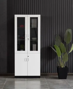 This is a lockable white and gray office storage cabinet with glass and solid doors