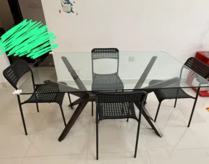 Glass Dining Table with 4 IKEA Chairs urgent sell طاولة طعام زجاجية