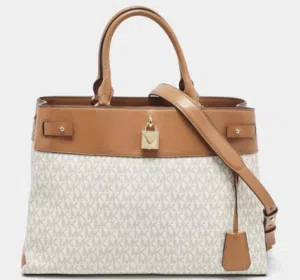 Michael Kors Beige/Tan Signature Coated Canvas and Leather Gramercy. Tote