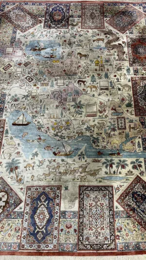 سجادة ايراني ممضية (قم محتشم صادق داودي خريطة ايران التاريخية حرير طبيعي بيور 100 عقدة)