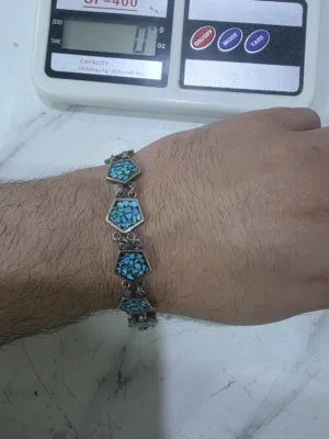 سوار فضة مرصع بحجر الفيروز الطبيعي مختوم اصلي