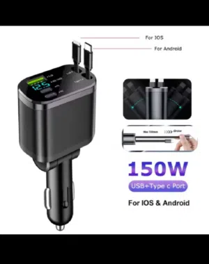 شاحن سياره سريع بقوة 120واط 4in1 فيه منفذ تايبسي و USB و واير شحن ايفون و تايبسي مدمجين قابلين