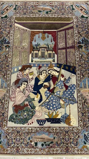 سجادة ايراني ممضية ( اصفهان مصطفي رباعيات عمر الخيام 3D حرير طبيعي)